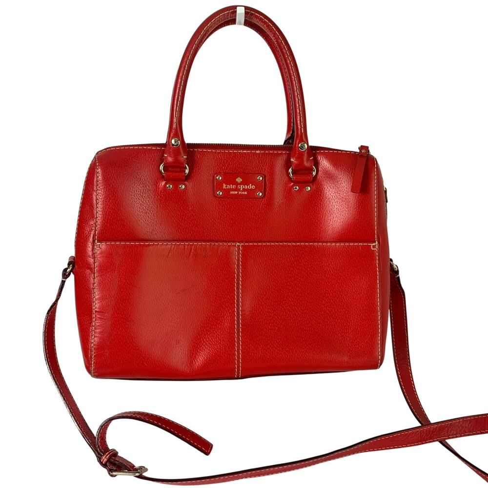 Kate Spade Red Leather Satchel Crossbody Bag Gold Hardware Polka Dot Lining
